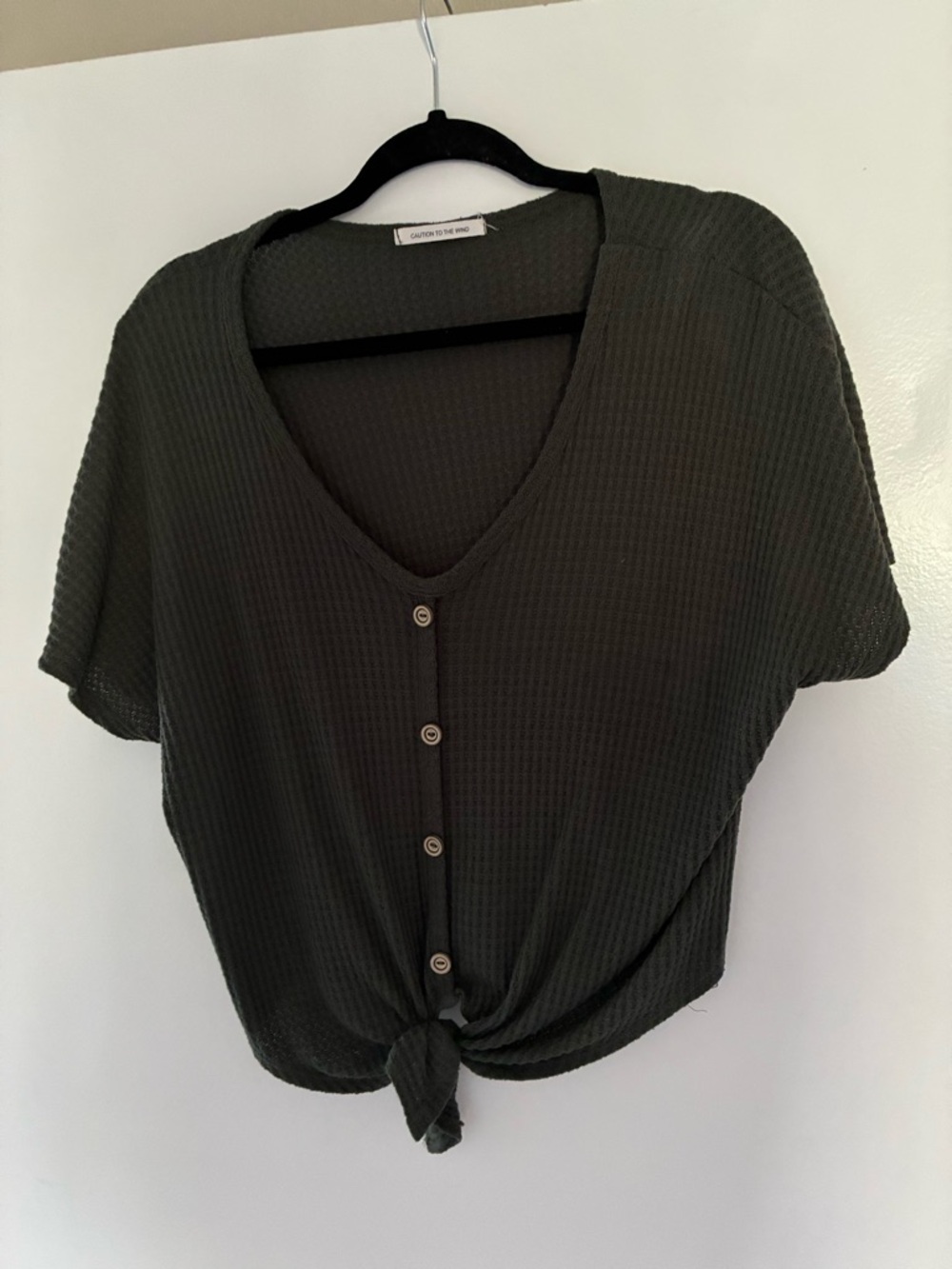 Olive Green Waffle Tie Hem Women's Top